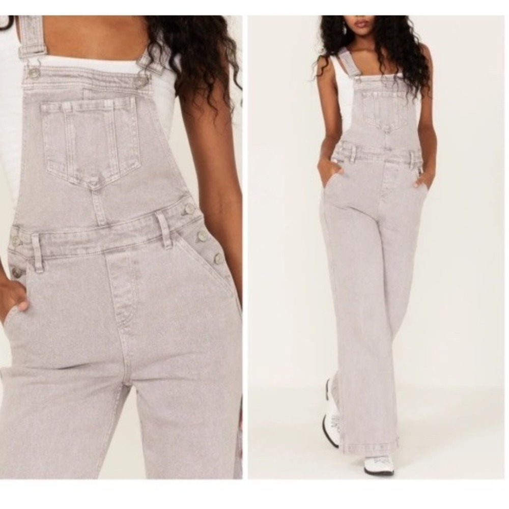 Cleo+Wolf Wide Leg Flare Overalls Sz S Gray Baggy Jean Bibs Denim
